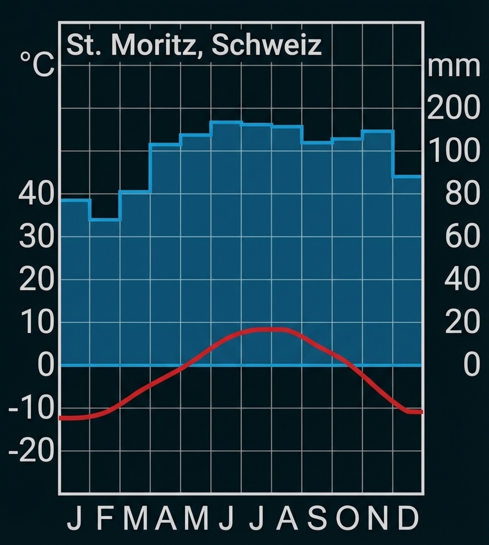 Klima-Diagramm St. Moritz, Schweiz: rote Temperaturkurve und blaue Niederschlagsbalken für Jan–Dez.